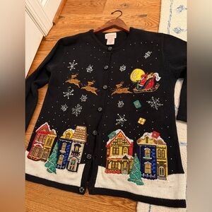 Basic Editions Holiday Womens Medium Christmas Town Black Vintage Sweater